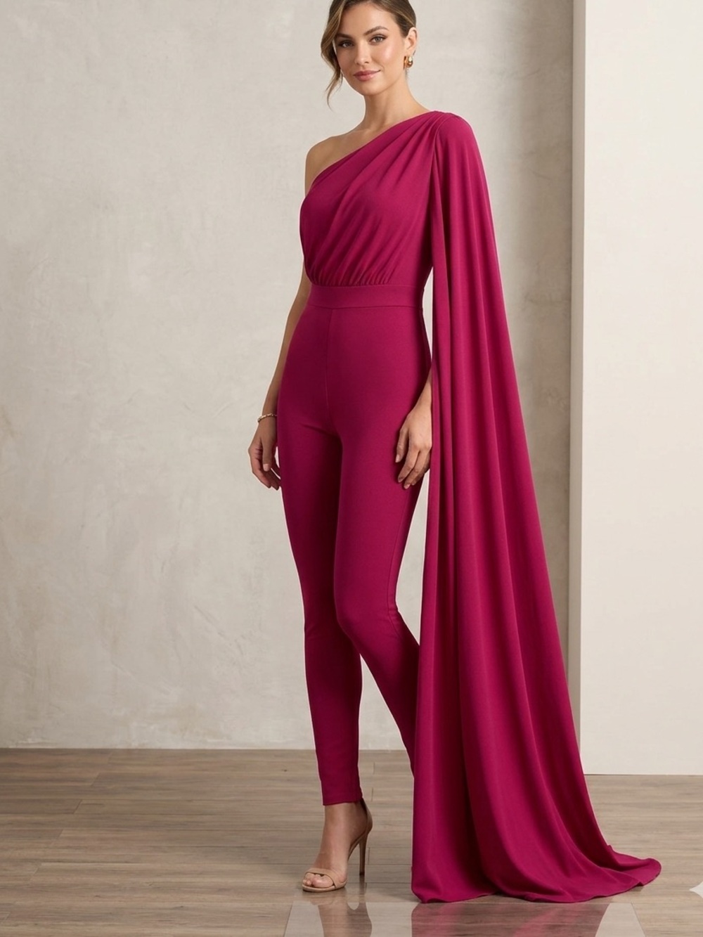 Fashion Nova One-Shoulder Magenta Jumpsuit with Draped Cape